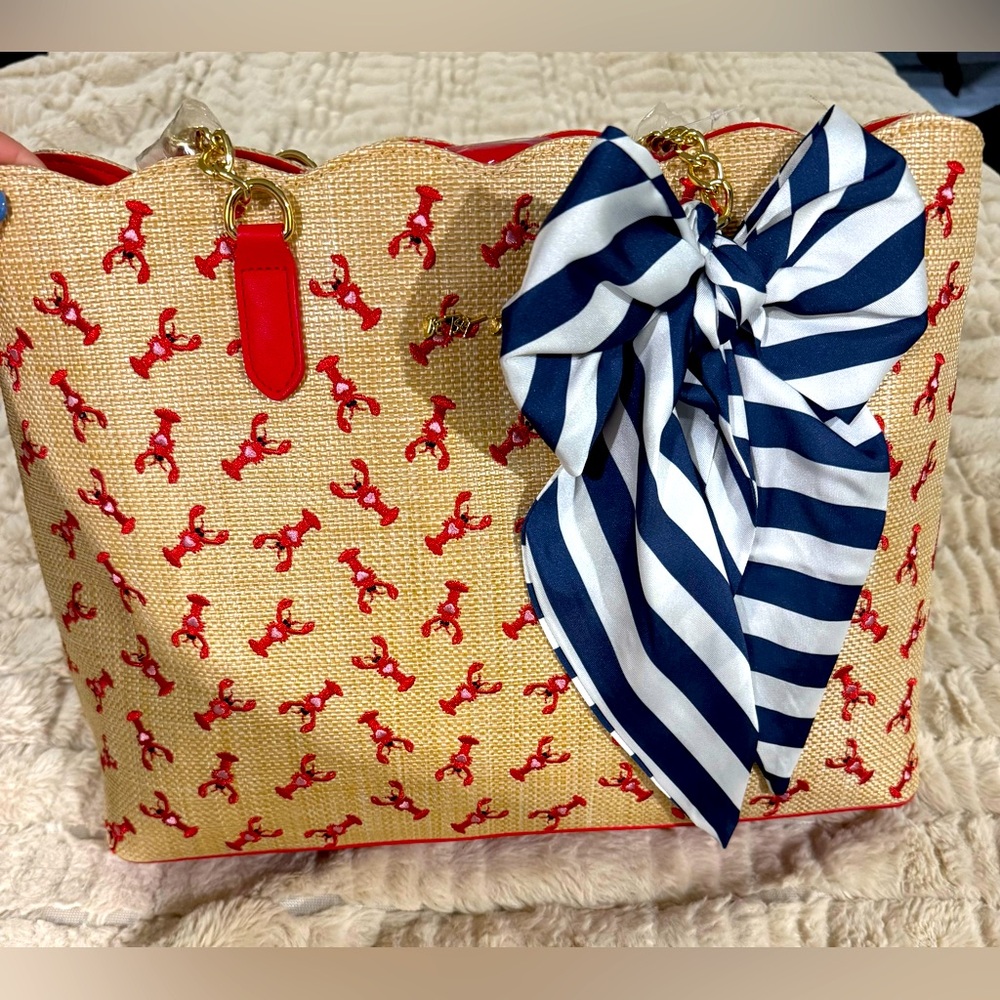 Viral Betsey Johnson Lobster straw bag tote purse with striped scarf